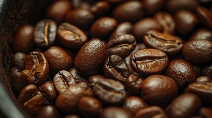 Naklejka premium Close-up, Macro Shot of Freshly Roasted Coffee Beans, Aromatic Ingredient for Brewing