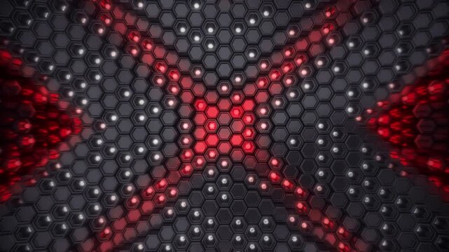 X Sign Reveal In Honeycomb Array Of Black And Red Metallic Hexagon Pillars that form seamless animation. Abstract geometric 3D background.