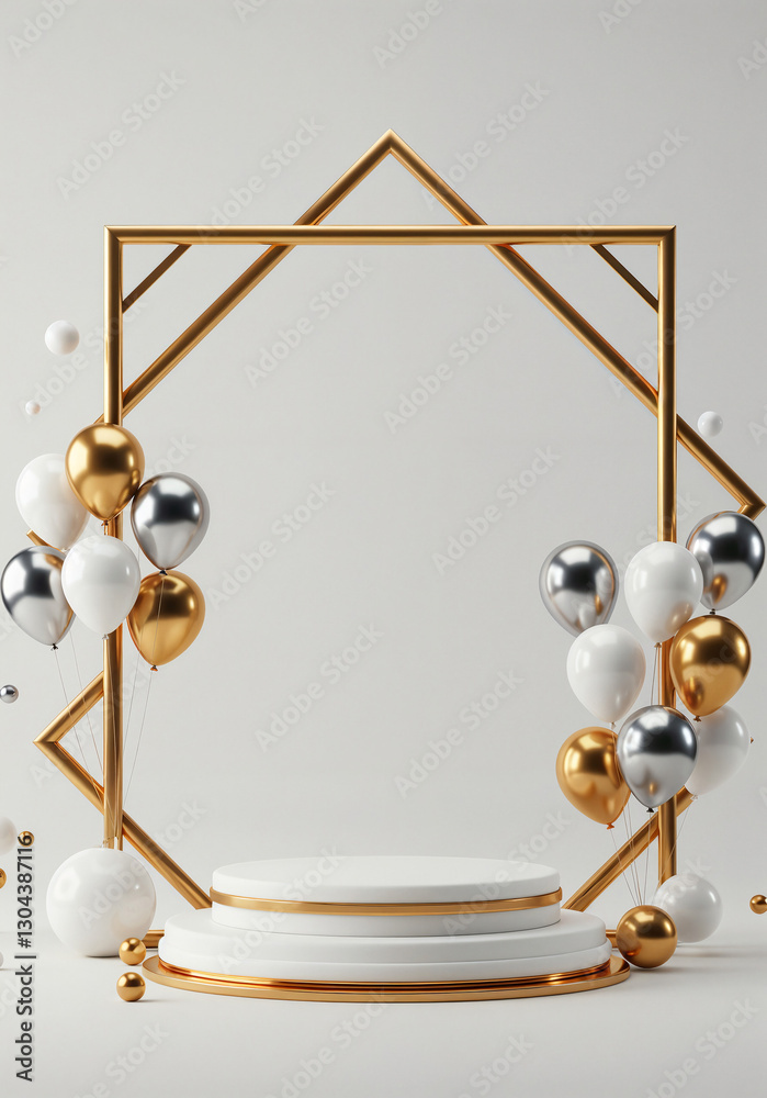 Poster elegant podium in a frame with balloons and with empty space for text . generative ai