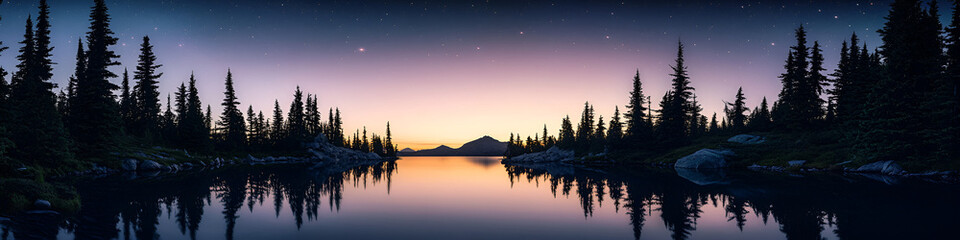 Fototapeta premium Stunning Twilight Lake Reflection with Mountain and Pine Trees