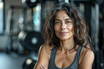 Fototapeta premium Portrait of strong mature woman in gym with weights representing fitness lifestyle health and active aging, concept: woman, fitness, gym, health,