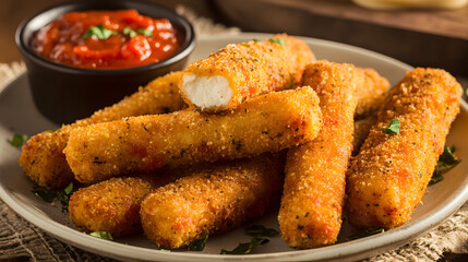 Fototapeta premium Crunchy mozzarella sticks served as an appetizer with a rich marinara sauce, perfect for an Italian dinner experience.
