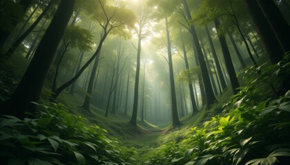 Obraz premium Sunlight Streaming Through a Misty Forest