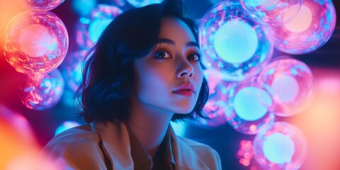 A captivating portrait of a young woman surrounded by vibrant glowing bubbles. The colorful lights create a dreamy atmosphere. Perfect for artistic expressions and modern styles. AI