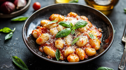 Fototapeta premium Traditional Italian Gnocchi with Parmesan and Fresh Basil