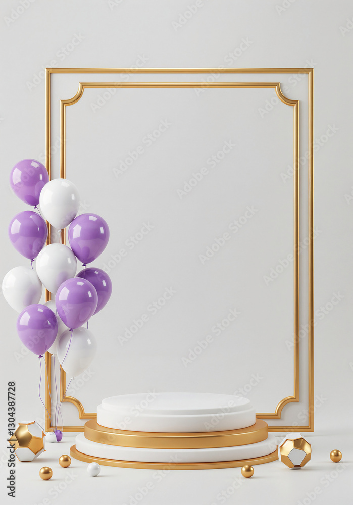 Poster elegant podium in a frame with balloons and with empty space for text . generative ai
