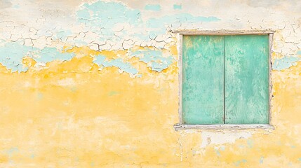 Weathered Wall with Textured Yellow and Blue Paint and a Vintage Wooden Window
