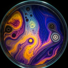 Petri Dish with Colorful Abstract Fluid Patterns and Textures