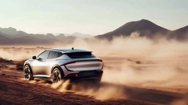 Futuristic Electric SUV Driving Through the Desert