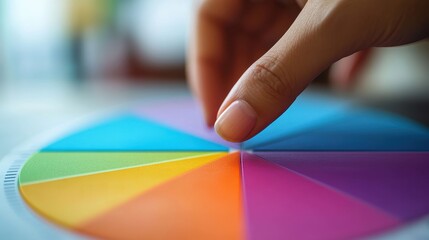 A close-up shot reveals a hand delicately pressing a finger against a meticulously crafted pie chart, the vibrant colors and precise lines hinting at the data is significance. A blank space to the