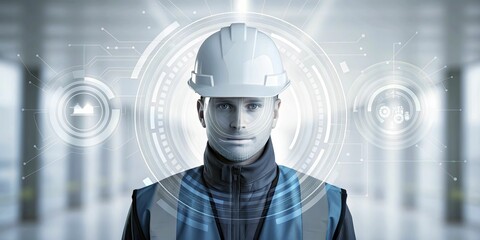 A futuristic digital artwork of a faceless safety inspector icon integrated with abstract digital overlays, rendered in sleek, modern lines.