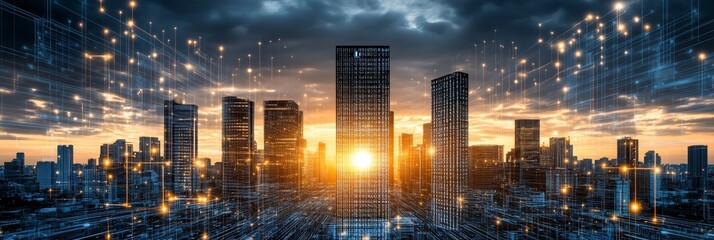Connected City Skyline Futuristic Technology And Data Network Over Modern Urban Landscape At Sunset