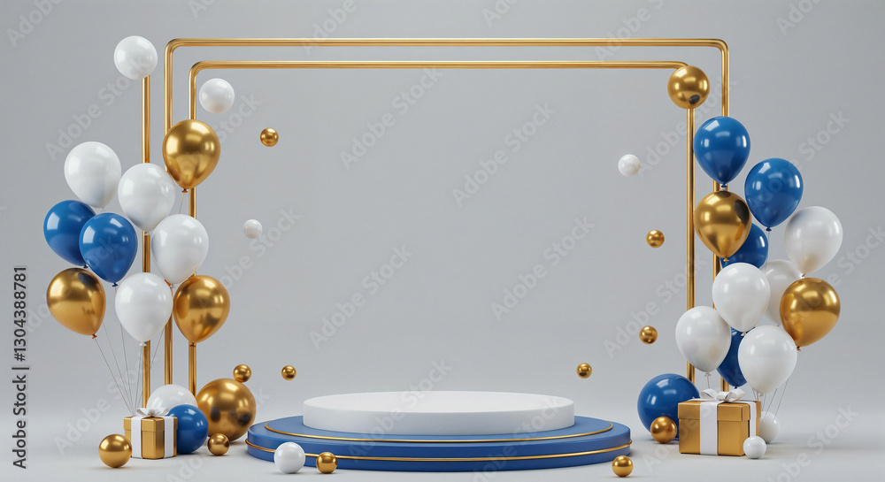 Poster elegant podium in a frame with balloons and with empty space for text . generative ai