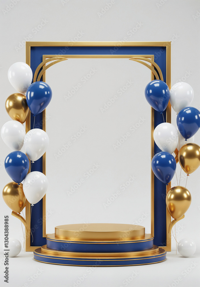 Poster elegant podium in a frame with balloons and with empty space for text . generative ai