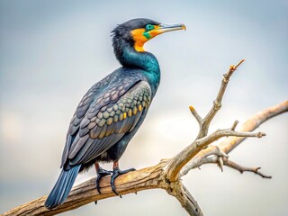 Fototapeta premium Cormorant perched on a dead tree branch in the wild, nature wildlife photography