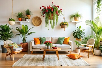 Cozy Boho Living Room Interior with White Walls, Plants, and Copy Space for Text