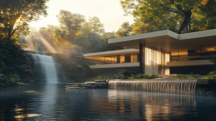 Fototapeta premium Modern house, waterfall, jungle, sunrise, serenity, pool, nature, luxury, retreat, advertising
