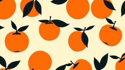 Orange Fruit Seamless Pattern with Dark Green Leaves and Light Background