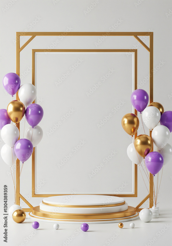 Poster elegant podium in a frame with balloons and with empty space for text . generative ai