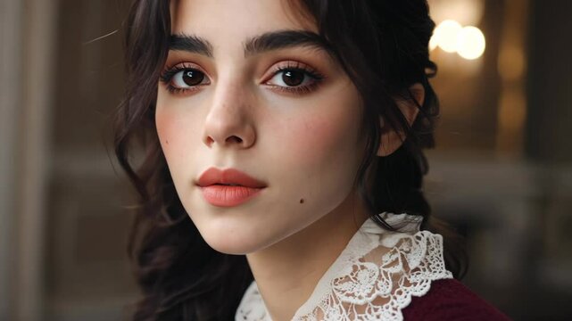 Close-up of a young woman with captivating features and elegant style captured in a warm and atmospheric indoor setting during golden hour