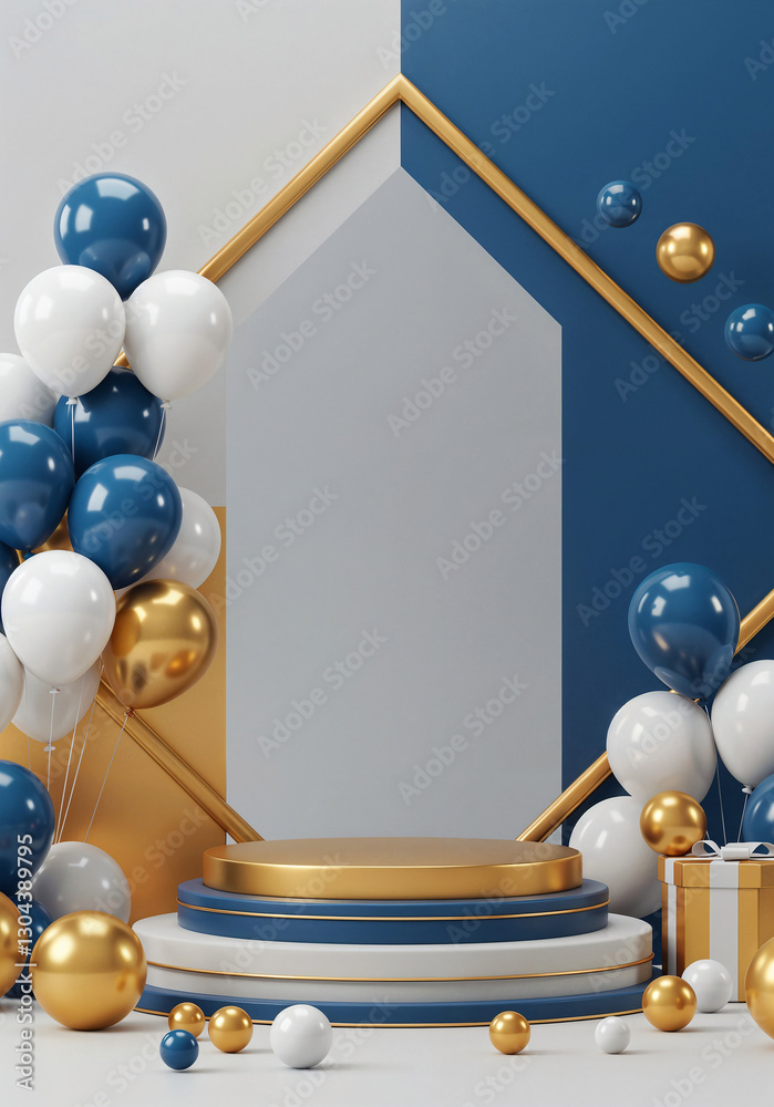 Poster elegant podium in a frame with balloons and with empty space for text . generative ai