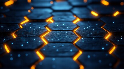 Obraz premium Glowing Hexagon Grid Abstract Background Deep Blue Orange Light. AI Generated