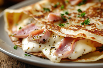 Tasty golden pancake with ham and melted cheese. AI generative.