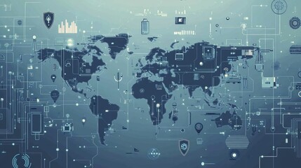 Obraz premium flat vector style, global map with subtle defense shields, satellite surveillance symbols, and connected security nodes