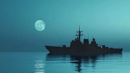 Obraz premium silhouette of a modern navy destroyer against a calm sea, with a subtle moon in the background, 16:9