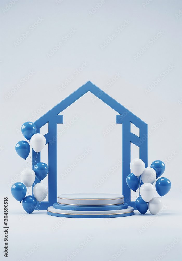 Poster elegant podium in a frame with balloons and with empty space for text . generative ai