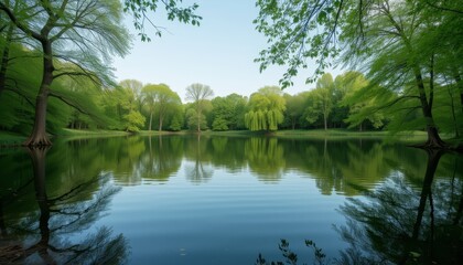  Peaceful Lake with Willow Trees and Clear Reflections in a Forested Area