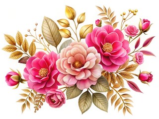 Delicate Pink Flowers and Gold Leaves on White - Elegant Floral Arrangement Stock Photo