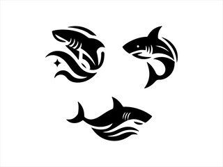 Collection of Powerful Shark Logos for Branding ,  A set of nine bold, black shark logos suitable for various branding purposes.