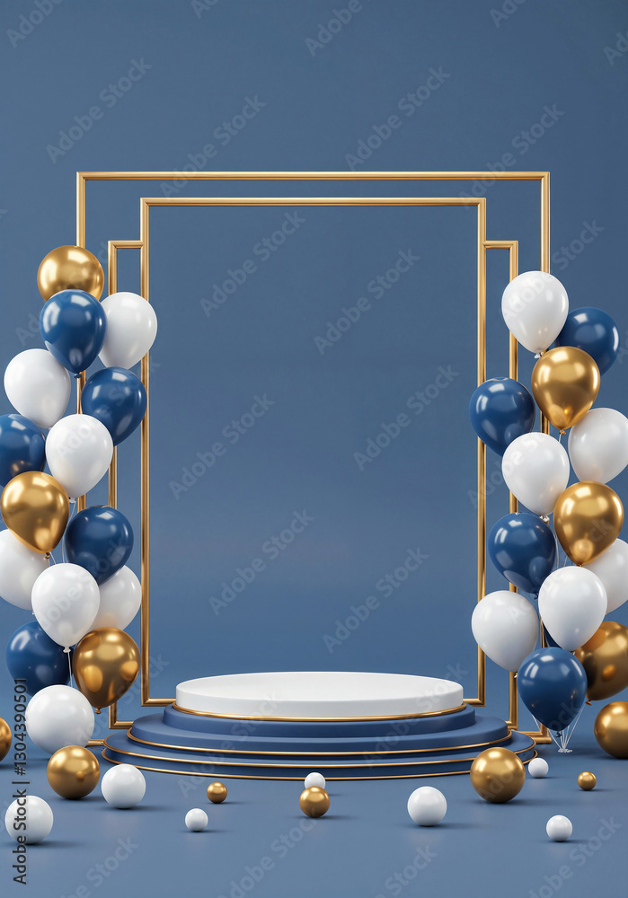 Poster elegant podium in a frame with balloons and with empty space for text . generative ai