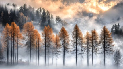 Fototapeta premium Lush Autumn Forest Silhouette Beneath Foggy Sky with Orange Foliage and Dramatic Clouds