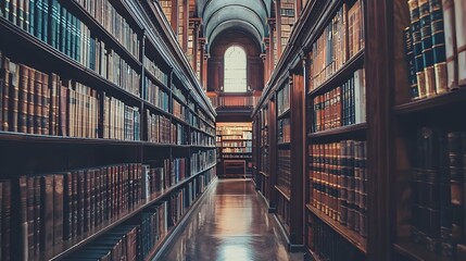 Serene Library Interior with Tall Shelves and Abundant Books