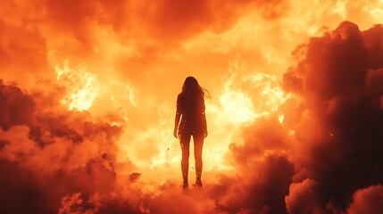 Fototapeta premium Girl Stands in Center of Fiery Apocalyptic Scene Surrounded by Smoke