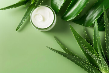 Aloe vera cream and leaves on a green background, concept: cosmetic, natural ingredients, and skin care, aloe vera-based cosmetics or articles about natural cosmetics and skincare