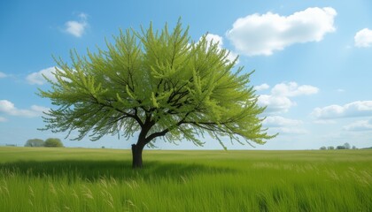 Fototapeta premium Single Oak Tree in a Grassy Field with a Clear Sky and Fluffy White Clouds