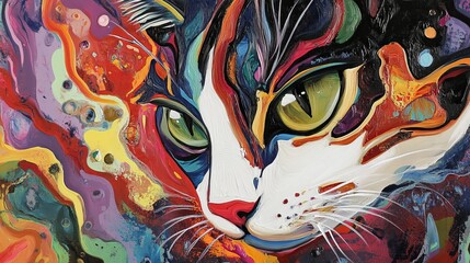 Vibrant Artwork Of A Cat'S Face, Radiating Energy And Emotion Through Expressive Brushstrokes. A Colorful Abstract Feline Portrait.
