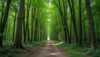  Pathway Through a Forest with Sunlight Creating a Green Tunnel Effect