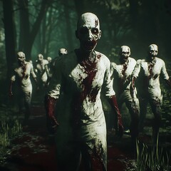 Fototapeta premium Group of Zombies Dressed in White and Covered in Blood in Forest