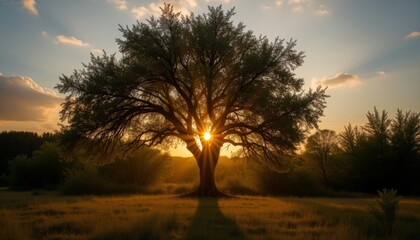 Obraz premium Oak Tree at Sunset with Sunlight Streaming Through the Branches