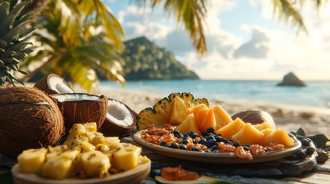A tropical breakfast spread with fresh papaya, coconut, and pineapple, island aesthetic