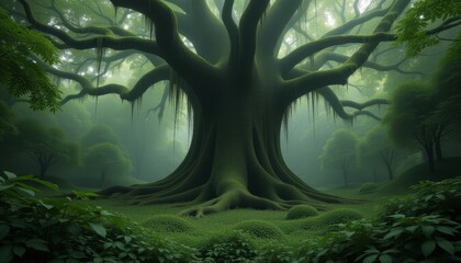  Giant Tree with Moss-Covered Trunk and Roots in a Lush Forest