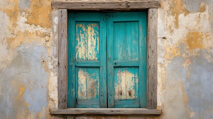 Weathered turquoise wooden window with rustic frame on aged wall