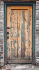 Weathered wooden door with peeling paint and old brick frame
