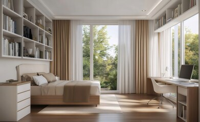 Modern bedroom, garden view, workspace, sunlight
