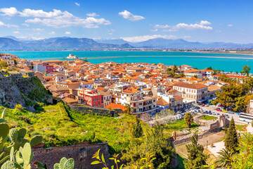 Nafplio, Greece aerial view, sea, snow mountains