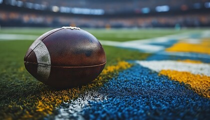 Football rests on stadium field stripes